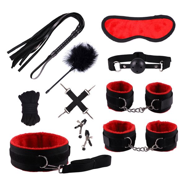 Bondage Peluche Manette Prodotti sexy Per adulti Giochi BDSM Vincolo Polsini alla caviglia Morsetti per capezzoli Corda PU Frusta Nero 10 pezzi Set