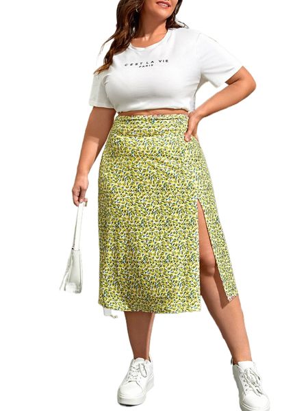 

plus high waist ditsy floral split thigh skirt f0rr#, Black