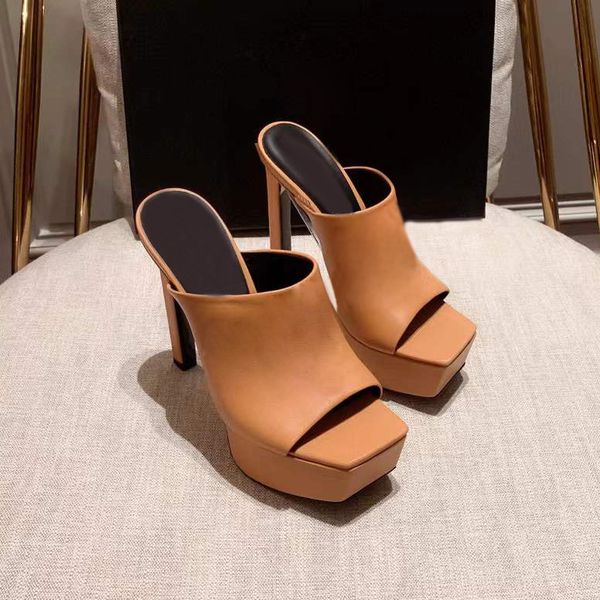 

yellowish brown colorgenuine leather la medusa platform slippers high-heeled sandals stiletto mules140mm slip-on open toe women luxury desig, Black