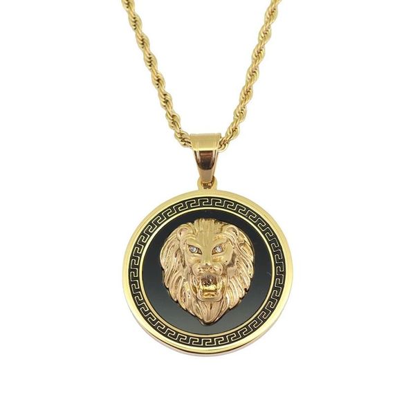 

hip hop lion head round pendant necklaces for men western animal luxury necklace stainless steel cuban chains dog tag jewelry 2338, Silver