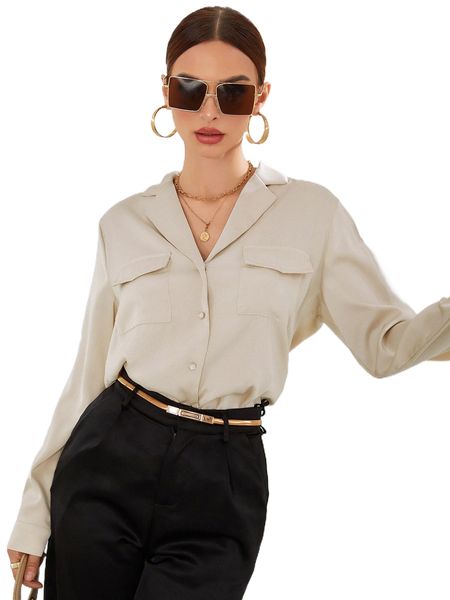 

lapel collar flap pocket satin blouse c3jw#, White