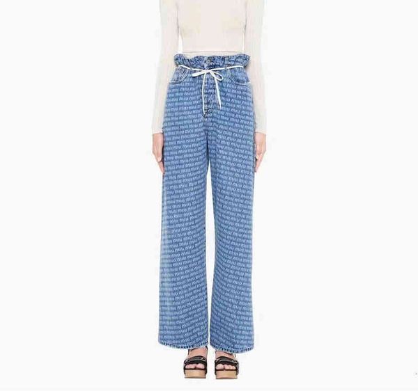 

women's jeans miu spring letter jacquard denim wide leg trousers, Blue