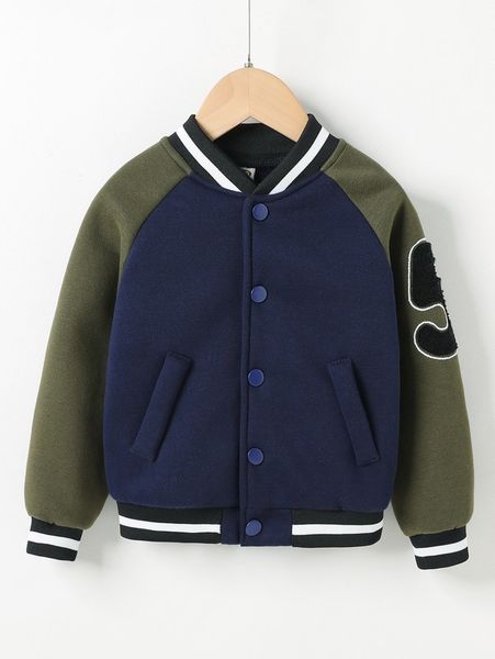 

toddler boys letter patch striped trim raglan sleeve bomber jacket she, Blue;gray