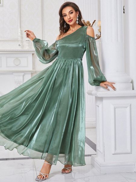 

one shoulder contrast mesh lantern sleeve dress s7g4#, Black;gray