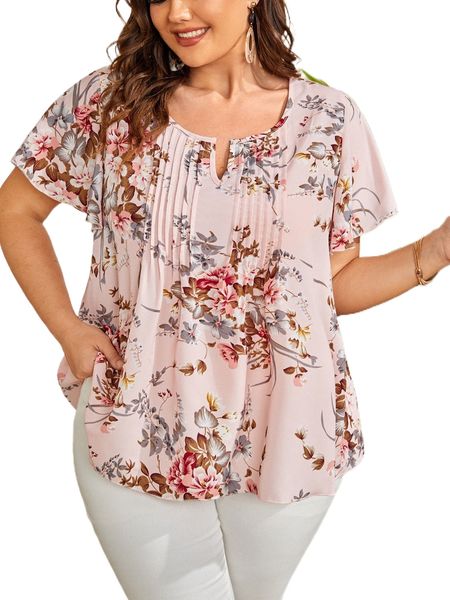 

plus floral print fold pleated notched neck blouse z2t4#, Black