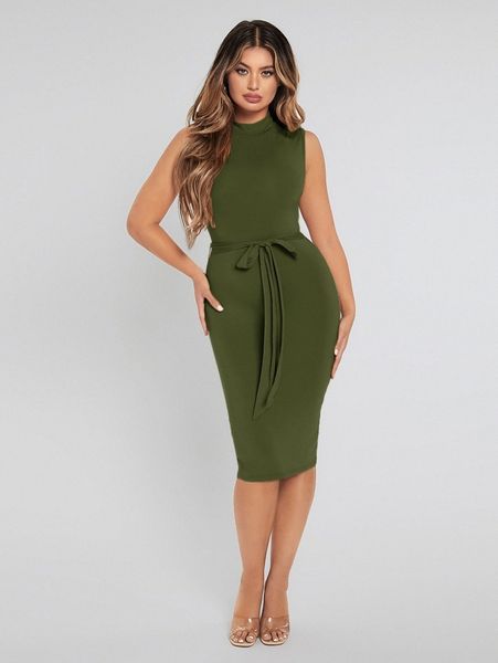 

mock neck belted bodycon dress t6ws#, Black;gray