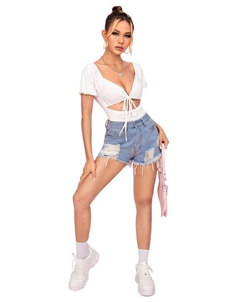 

knot detail cut out front bodysuit b7vd#, White