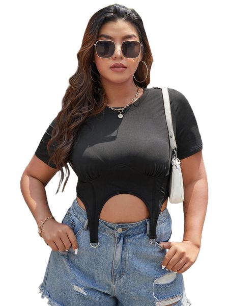 

plus solid garter detail tee 33gl#, Black
