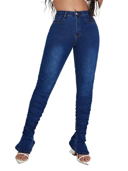 

high waist ruched flare leg jeans e5ld#, Blue