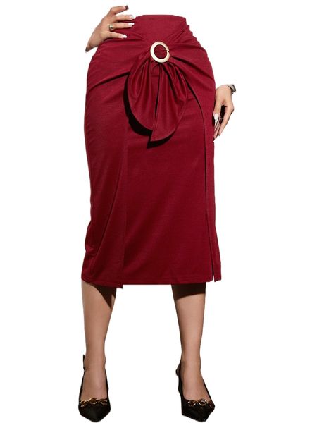 

metal decor draped front wrap skirt o3fr#, Black