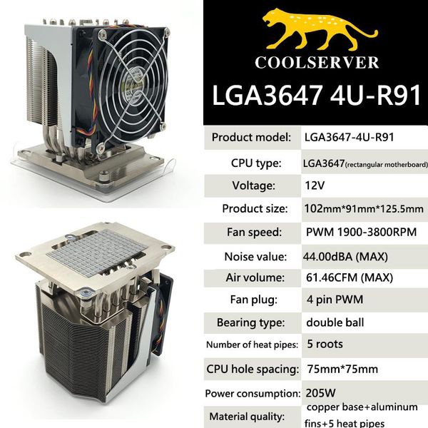 Охлаждения вентиляторов R91 для LGA3647 Прямоугольная материнская плата CPU Server Cooler 5 Heatpipes Tower Активное охлаждение