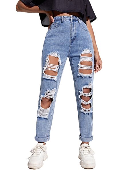 

high waist ripped mom jeans v9uv#, Blue