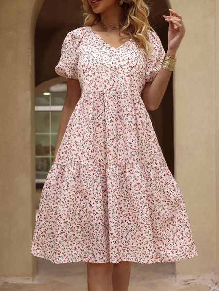 

ditsy floral print puff sleeve ruffle hem dress 797b#, Black;gray
