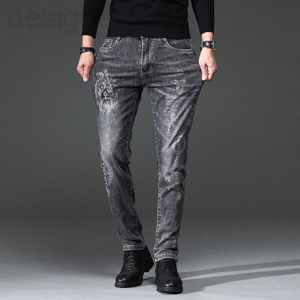 

men's jeans designer chao brand grey jeans men's trousers korean version discharge dyeing elastic slim fit printed small foot casu, Blue