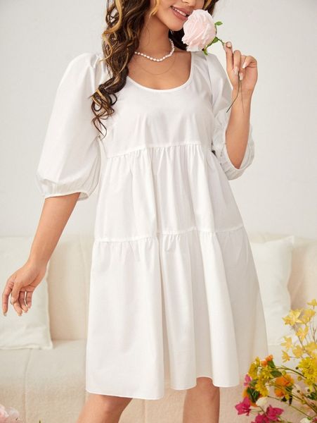 

puff sleeve solid smock dress v0ev#, Black;gray