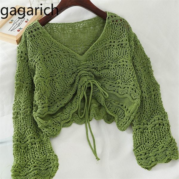 

gagarich women blouse korean style autumn spring loose v-neck hollow out drawstring pleated short candy-colored 220321, White