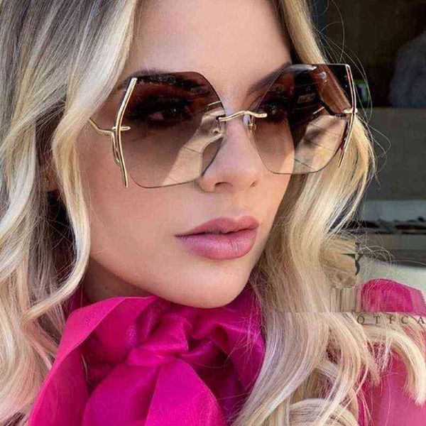 

luxury oversized sunglasses women rimless gradient tea shades fashion cut polygon sun glasses female metal frame sunglass, White;black