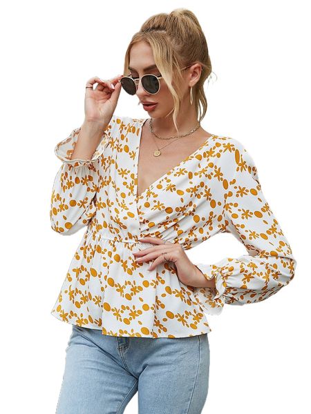 

floral print flounce sleeve surplice neck peplum blouse 5118#, White