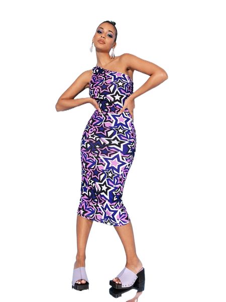 

star print one shoulder backless bodycon dress v14c#, Black;gray