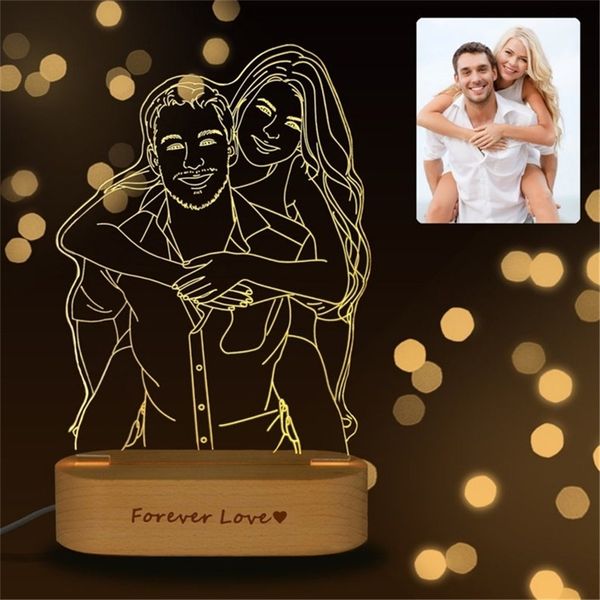 Po Luce notturna 3D personalizzata Base in legno personalizzata incisa al laser Luce notturna a LED per coppia Anniversario di matrimonio Decorazione di compleanno 220623
