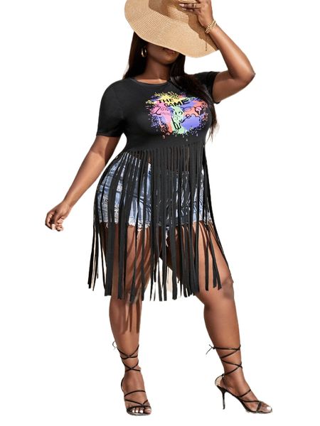 

sxy plus gamepad & letter graphic fringe trim tee g0aa#, Black