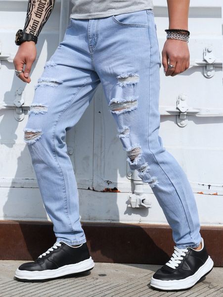 

men slant pocket ripped jeans g67f#, Blue