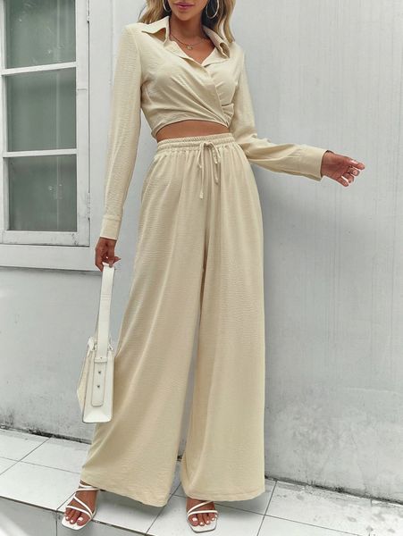 

wrap tie back blouse & drawstring waist wide leg pants 71bf#, White