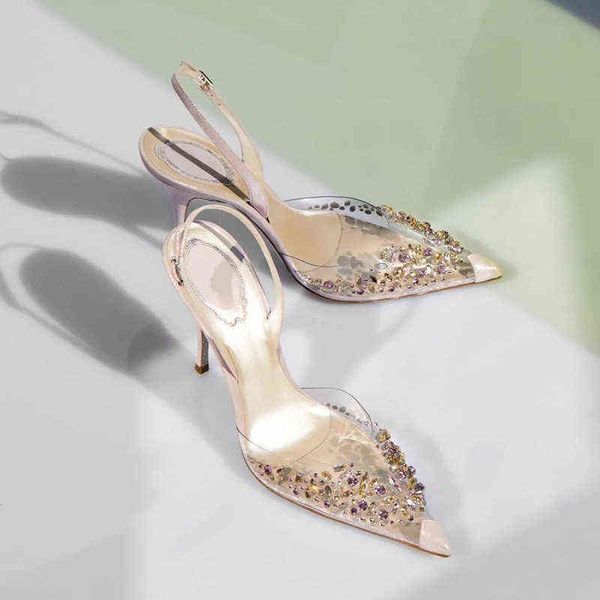 

dress shoes new fairy thin baotou high heels transparent rhinestone pointed word buckle back trip sandals, Black
