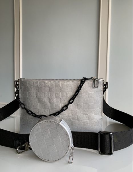 

2022 silver black leather material two-color design fashion leisure diagonal personality chain zipper handbag 25cm