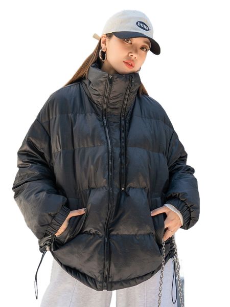 

dazy drop shoulder drawstring hem double zipper down coat p3lr#, Black
