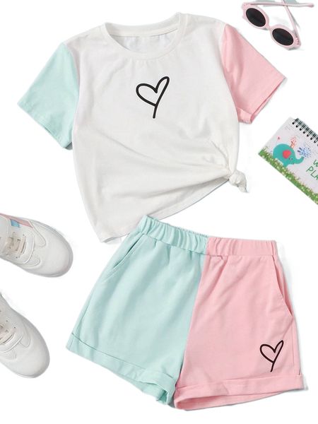 

plus heart print colorblock tee & tie front shorts a3gh#, Black