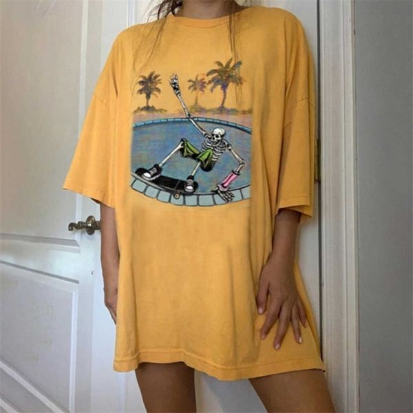 Maglietta casual da donna Giallo allentato oversize Street Style Tops Tees Streetwear Top donna Tee T-shirt a maniche lunghe Estate 210702