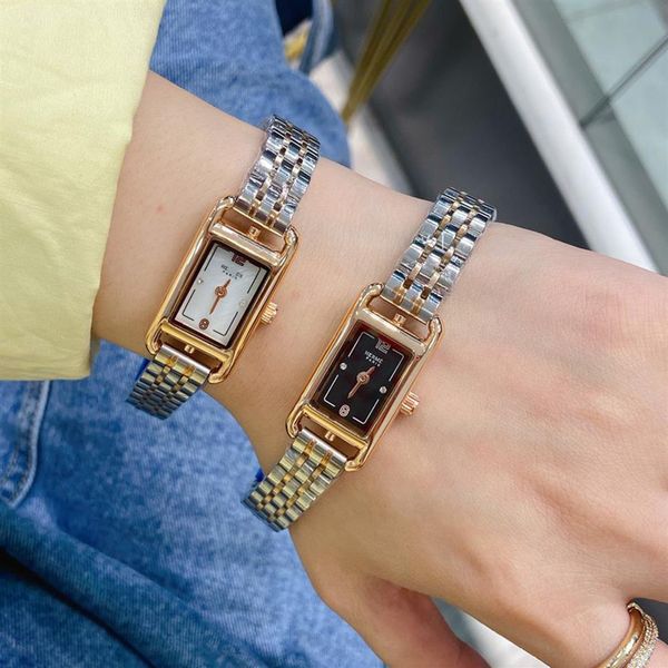 

brand watches women girl rectangle dial style steel matel band wrist watch he07252n, Slivery;brown