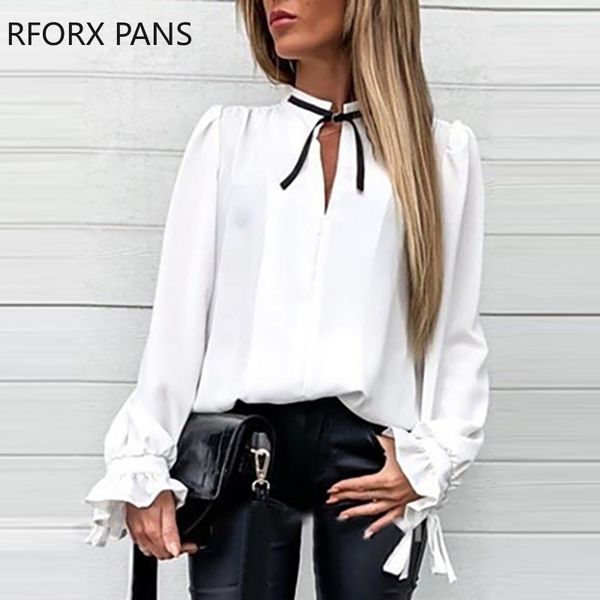 

solid ruffles tied neck shirts chiffon blouse office lady y200402, White