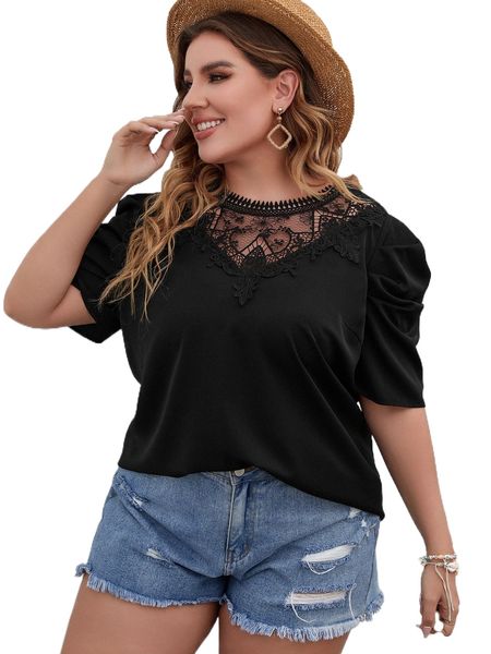 

plus guipure lace panel puff sleeve blouse x8up#, Black