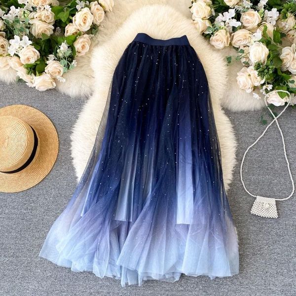 Gonne 80cm Midi Bella sfumatura di colore Lungo Tulle Donna Coreano A-line Vita alta Pieghettato Maxi Gonna scolastica femminile Gonne per ragazze