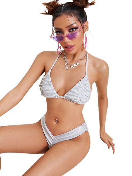 

metallic ruched halter triangle bikini swimsuit y9fo#, White;black