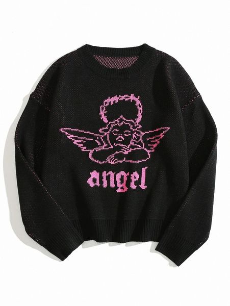 

angel & letter graphic drop shoulder sweater f25w#, White;black