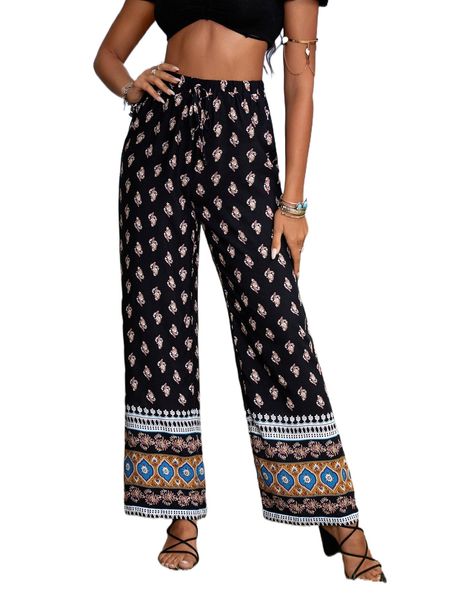 

high waist floral print wide leg pants 82rj#, Black;white