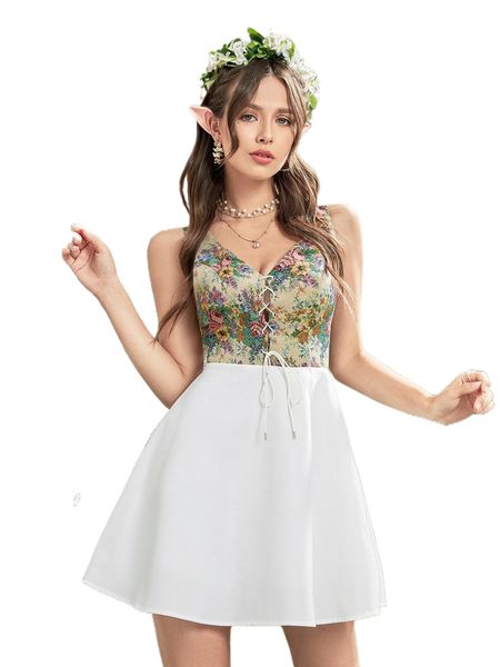 

floral print grommet lace up dress t5dp#, Black;gray