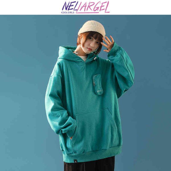 Nellargel Women Pocket Pocket Solid Y2K Hoodies Hoodies 2022 Feminino Harajuku Moda Coreana Vintage Sweatshirts Girl Streetwear Pullover T220726