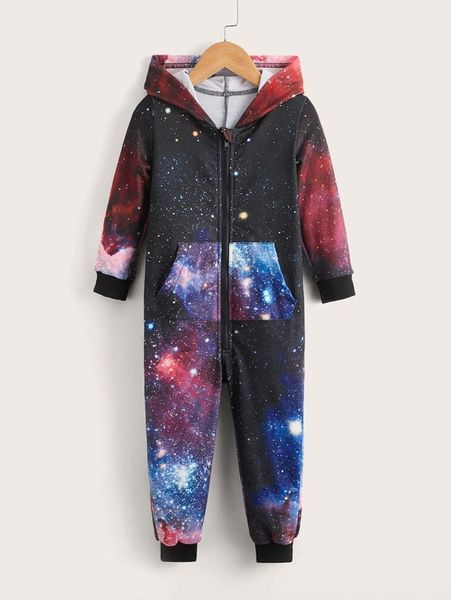 

toddler girls galaxy print kangaroo pocket hooded jumpsuit she, Blue