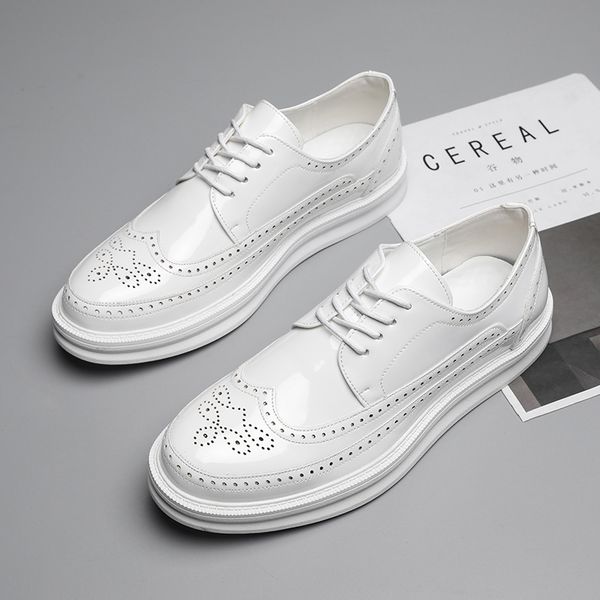 

men formal shoes white leather business casual shoes fashion man evening dress office wedding oxfords male hollow out footwear, Black