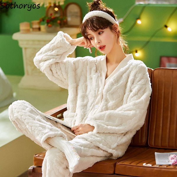 

winter flannel pyjama sets women v neck warm thicken korean fashion coral fleece pyjama lounge solid plush nightwear sweet chic l220803, Black;red