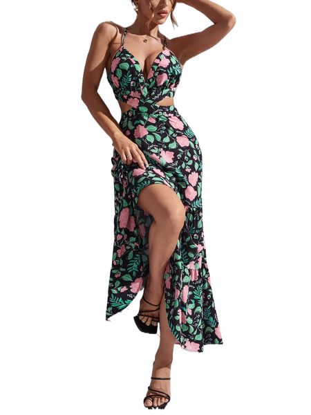 

x yuan xu floral print ruffle hem tie backless cami sundress 91t8#, Black;gray