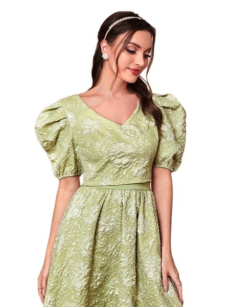 

floral jacquard puff sleeve blouse t0qr#, White