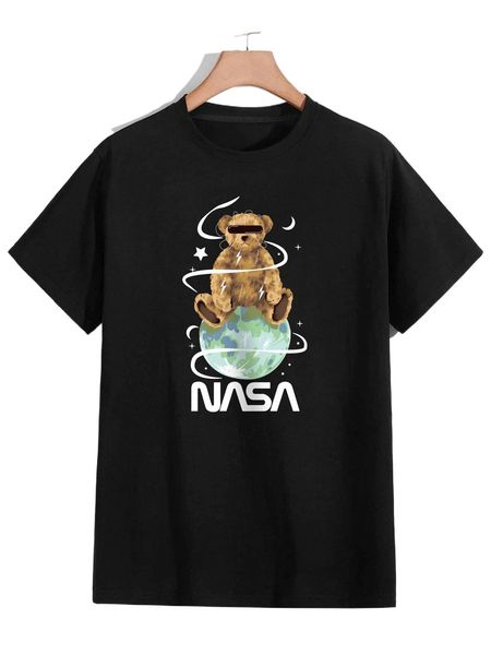 

romwe guys letter cartoon bear graphic tee t37k#, White;black