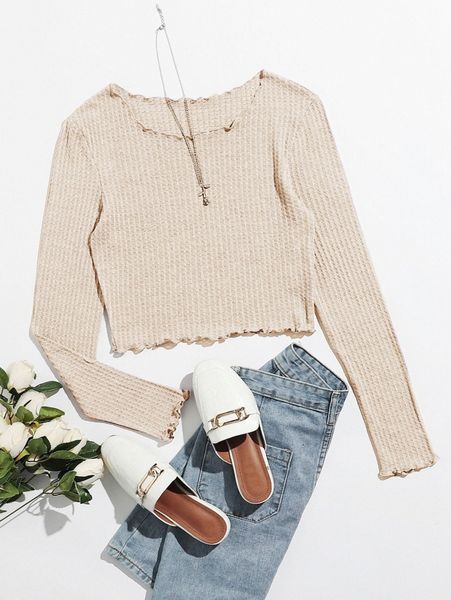 

waffle knit lettuce-edge tee 88d3#, White