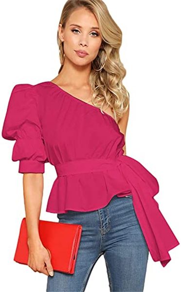 

women's & tees single shoulder short sleeve bubble sleeve comes with belt solid color shirt top, White
