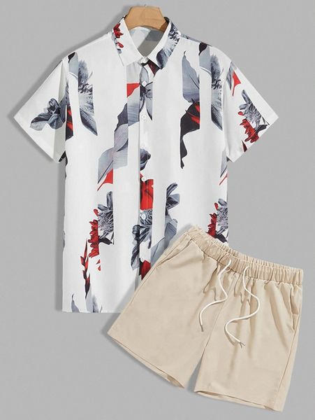 

romwe guys allover print shirt & drawstring shorts s3on#, Gray